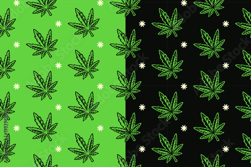 Hemp leaf with light doodle seamless pattern on green black background set for merchandise. Weed ganja leaves with star engraving pattern background. Cannabis marijuana leaf hand drawn motif wallpaper