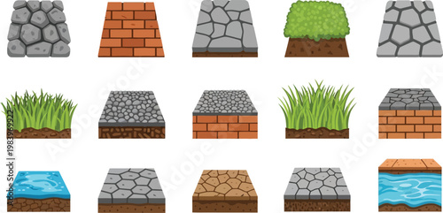 Collection of game level terrain blocks with grass stone brick and water