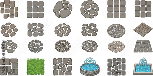 Collection of garden paving stones grass and fountains in various patterns garden path cobblestone rock
