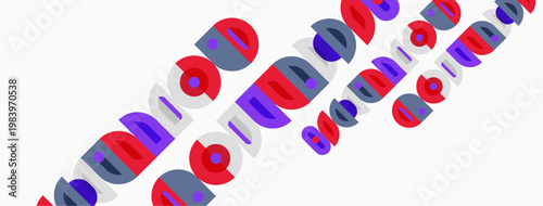 Abstract pattern. Circles, rectangles overlap creating dynamic visual effect. Red, purple, pink hues dominate composition.