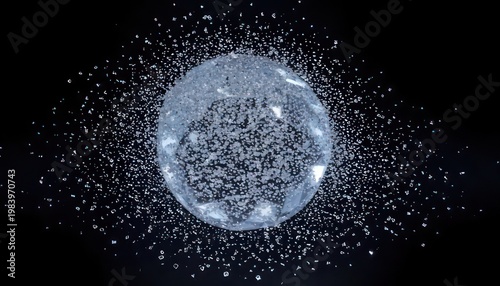 Orb of light surrounded by glittering particles in dark space.