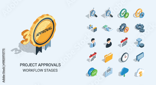 Icon Set for UI UX Web and App Design Vector, Project approvals and workflow stages icons in isometric 3D style