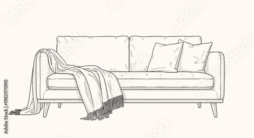 A comfortable and inviting line art illustration of a sofa with a cozy blanket draped over its arm and two decorative pillows.