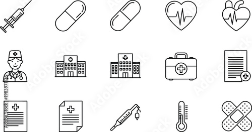 Medical set with syringe pills heart monitor doctor hospital first aid kit thermometer and bandages