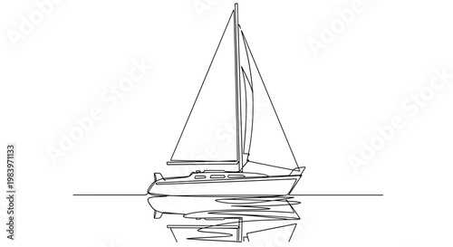 A sleek continuous line drawing of a sailboat with a tall mast and sails, gracefully reflecting on calm water surface.