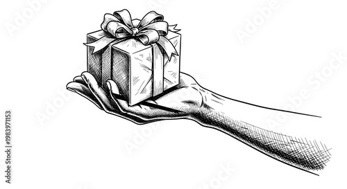 A hand holding a gift box with a bow on a white background, concept of giving, surprise, present.