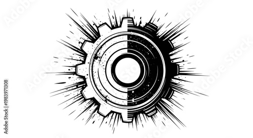 Abstract gear wheel icon design with motion burst lines symbolizing mechanical engineering progress and industrial power.