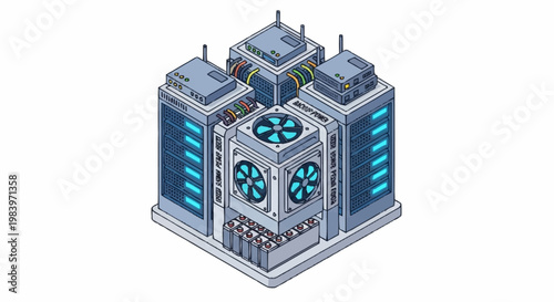 Isometric illustration of a server room.