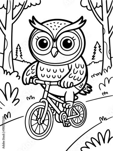 Owl's Bike Ride: A charming illustration depicts an owl confidently pedaling a bicycle amidst a vibrant forest setting.