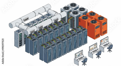 Industrial data center infrastructure with servers and HVAC systems.