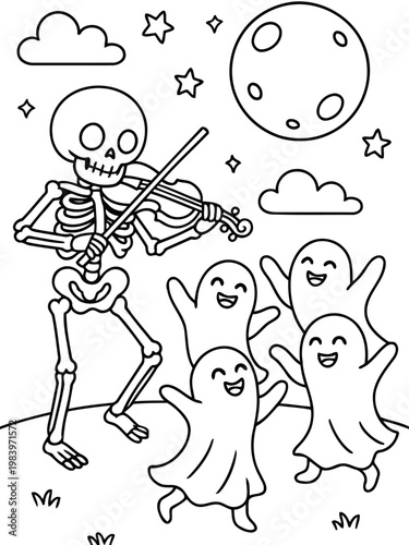 Halloween Fright Night: A skeletal musician serenades a group of joyous, dancing specters under a whimsical moonlit sky, bringing a delightful blend of spooky charm.