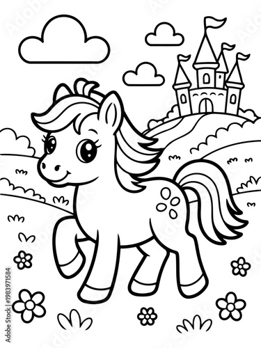 Whimsical Pony and Castle: A charming cartoon pony stands proudly in a field, a majestic castle nestled atop a hill in the backdrop. The scene evokes a sense of adventure and fairy-tale wonder.