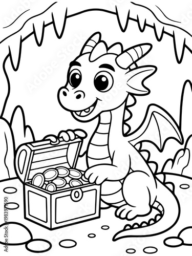 Fantasy Dragon's Treasure: A charming illustration depicts a friendly dragon amidst a treasure trove of gold coins in a cave, embodying fantasy and adventure.