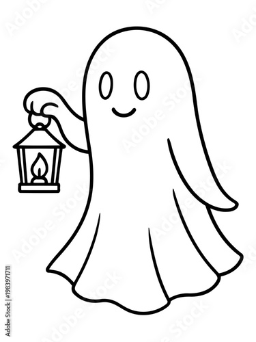 Ghostly Lantern Bearer: A friendly, cartoon-style ghost, serenely holding a glowing lantern, emanates a playful aura. Perfect for Halloween or adding a touch of spooky fun to any design.
