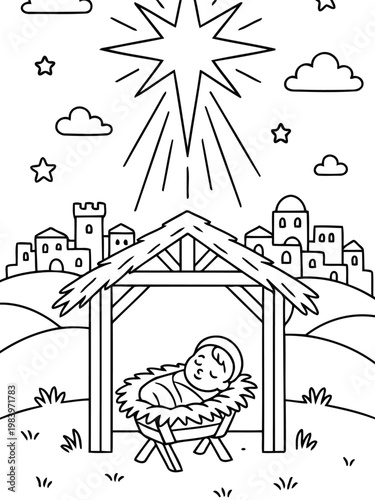 Nativity Scene: A depiction of the nativity scene, capturing the essence of the holy night with a radiant star, a humble manger, and a sleeping infant, all under a starlit sky.