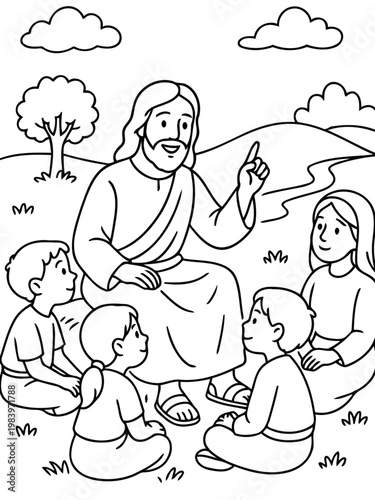 Teacher and students: A heartening image of a teacher surrounded by a group of attentive students, the teacher pointing up toward the sky. conveying themes of learning, guidance, and community.