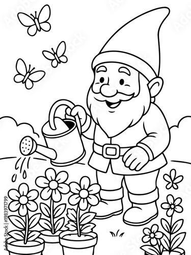 Garden Gnome's Spring Serenade: A whimsical garden gnome, with his pointed hat and jovial demeanor, diligently tends to a blooming flower bed, accompanied by fluttering butterflies.