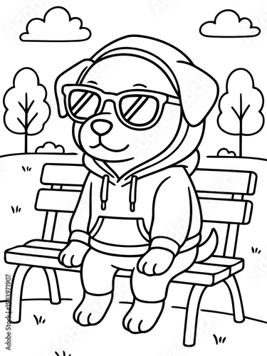 Cool Canine: A cheerful cartoon dog, donned in sunglasses and a hoodie, sits comfortably on a park bench. This illustration evokes a sense of lightheartedness and a laid-back attitude.