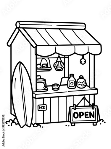 Oceanfront Oasis: A charming beachfront stall, adorned with a surfboard, offers a welcoming haven for sun-kissed visitors to enjoy fresh refreshments and seaside delights.