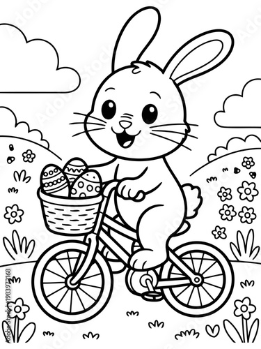 Easter Bunny's Cycle Adventure: An endearing illustration showcases a cheerful bunny pedaling a bicycle, its basket filled with decorated Easter eggs.