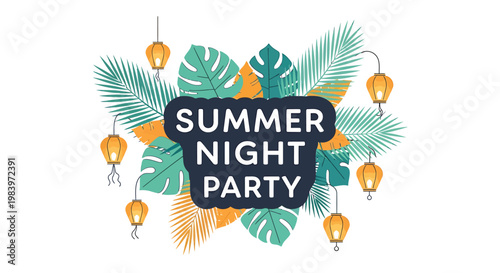 Summer party logo, night party label, tropical leaf decoration, string lights icon