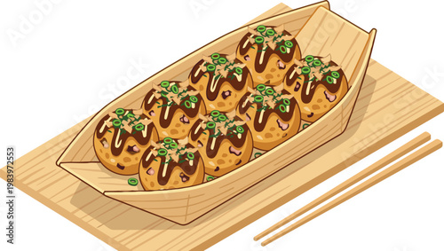 3D isometric vector illustration of Japanese takoyaki octopus balls in a wooden boat with chopsticks