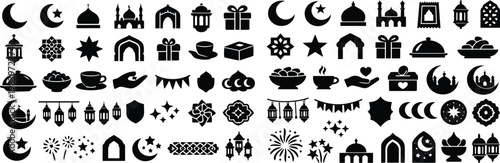 Muharram Islamic New Year Solid Black Silhouette Hijri New Year, Islamic Festival, and Cultural Icons Set on White Background