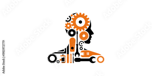 Innovative thinking and mechanics in a human head silhouette