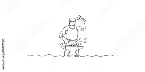 A blacksmith working at an anvil with a hammer in hand