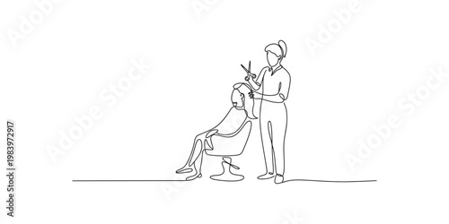 Continuous line drawing of a barber cutting a mans hair