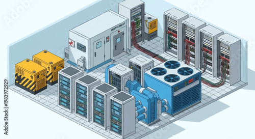 Isometric illustration of industrial server room with cooling system.