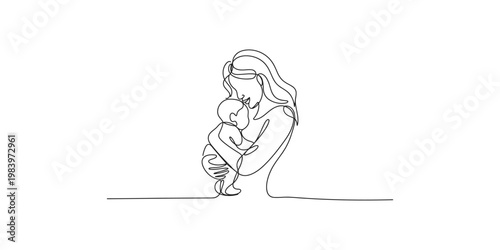 Continuous line drawing of a mother holding her baby