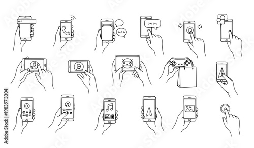hand drawn vector illustration of a set Hand holding smartphone vector collection with touch gestures for apps communication social media and mobile use