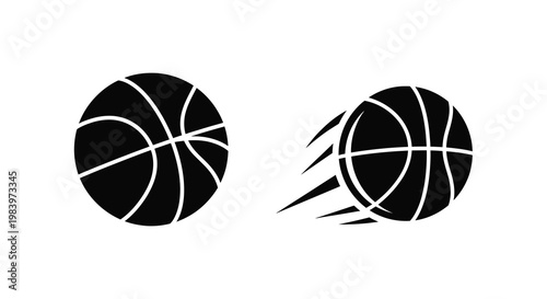 Two black basketballs one bouncing presented as a stark silhouette