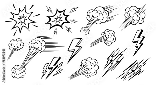 comic book speed effects vector art featuring lightning bolts cartoon speed lines and explosion effects for dynamic graphic design.