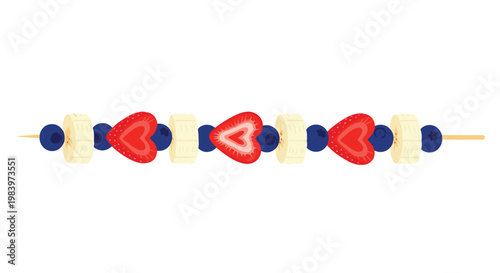 Healthy fruit skewer featuring heart shaped strawberry slices, banana rounds, and blueberries on a wooden stick for a snack.