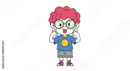 Quirky cartoon boy with bright pink curly hair and glasses sticking his tongue out in a playful and silly expression.
