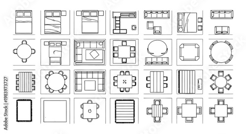 top view blueprint collection of modern furniture and room layouts