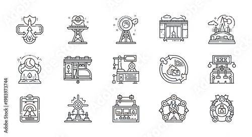 diverse outline icons illustrating industrial production sustainable energy and modern manufacturing technology processes for infographics.