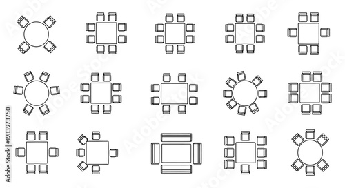 collection of top down view of dining tables and chairs setups