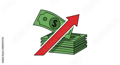 increasing money and financial growth displayed by rising dollar bills with a red arrow symbolizing investment success and profit.