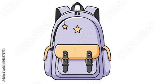 Cute purple school backpack for kids with yellow buckles, star hanging decorations, and multiple pockets in a flat style.