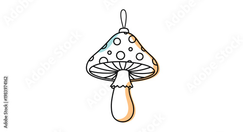 Christmas tree ornament shaped like a spotted mushroom with a loop for hanging in a simple line art style with color.