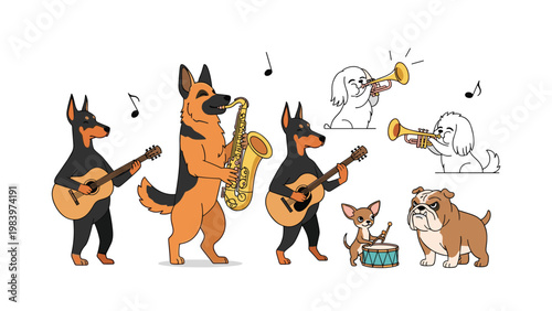 Diverse group of dogs including a german shepherd bulldog and chihuahua play the saxophone guitar drums and trumpet.
