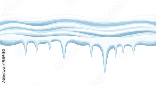Wide horizontal illustration of frozen snow and ice featuring several long icicles hanging down from a thick layer.