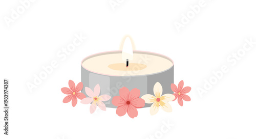 Small burning candle in a metal bowl surrounded by several beautiful pink and white flower blossoms on a white background.