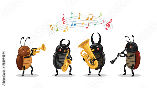 Four cute beetles playing various brass and woodwind instruments in a garden band with floating colorful musical notes.