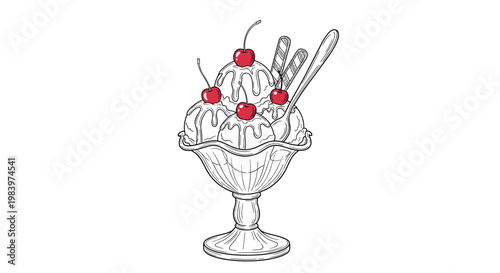Delicious ice cream sundae with three scoops, melting syrup, red cherries, chocolate wafers, and a spoon in a glass bowl.