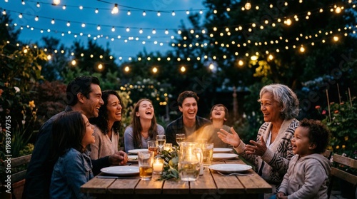 Multi-generational Hispanic family enjoying a joyful outdoor dinner party at dusk, illuminated by string lights