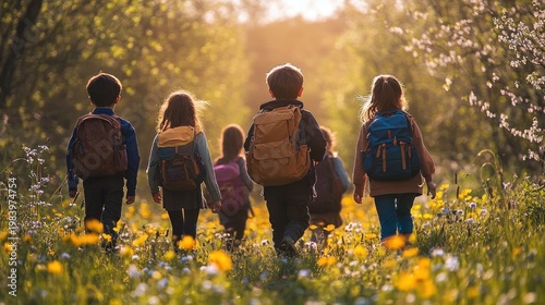 children with backpacks walking through a sunlit wildflower meadow at golden hour, joyful and adventurous